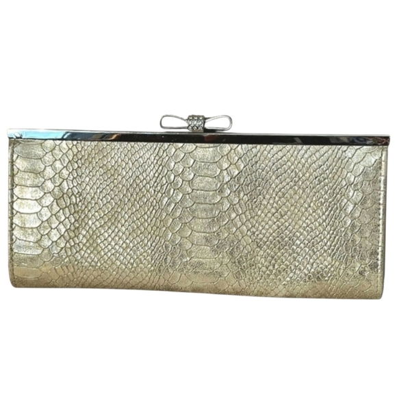 INC International Concepts "Carolyn" Gold Snake Print Rhinestone Bow Clutch NWOT - Picture 4 of 9
